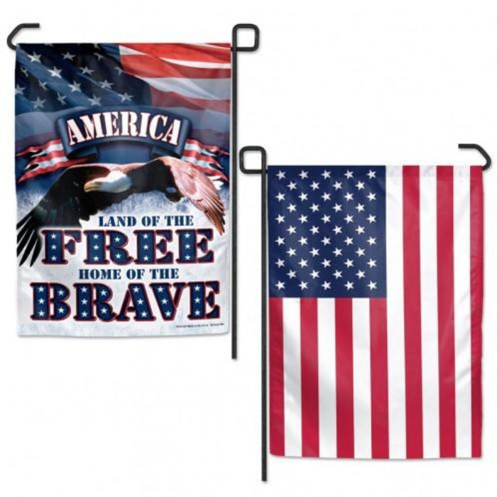side one has an eagle and the words "land of the free home of the brave" and the other side is a regular us flag