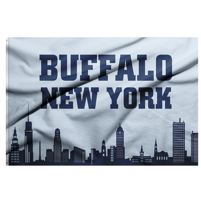 sky blue background with a cityscape skyline at the bottom and the words "Buffalo New York" across the top