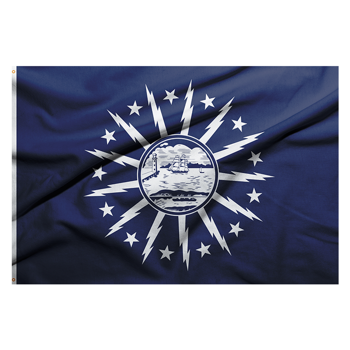 BLUE FLAG WITH A SHORE AND LIGHTHOUSE IN THE CENTER WITH LIGHTNING BOLTS AROUND THE CENTER