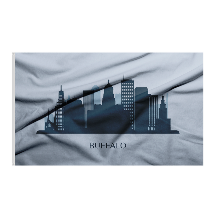 SKY BLUE FLAG WITH A CITYSCAPE IN THE CENTER AND THE WORD "BUFFALO" UNDERNEATH