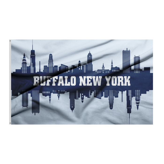 LIGHT BLUE FLAG WITH THE WORDS "BUFFALO NEW YORK" IN THE CENTER WITH A SKYLINE GOING ACROSS THE TOP AND THE BOTTOM OF THE FLAG