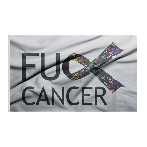 WHITE BACKGROUND FLAG WITH THE WORDS "FU CANCER" AND A BLACK RIBBON WITH COLORED RIBBONS