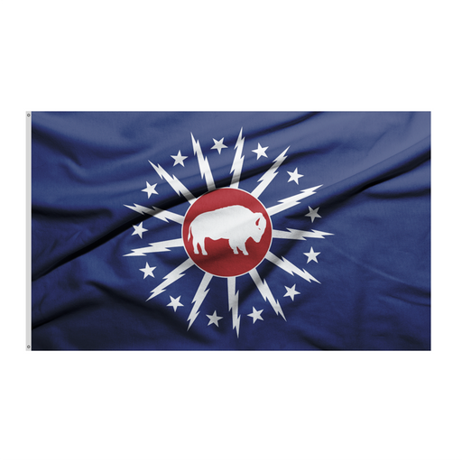 CLASSIC CITY OF BUFFALO FLAG WITH A RED CENTER AND A WHITE STANDING BUFFALO