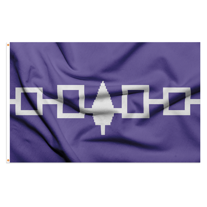purple flag with the wampum belt and symbol of the 5 nations