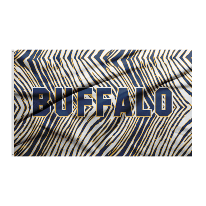 WHITE, YELLOW, AND BLUE ZUBAZ PRINT FLAG WITH THE WORD "BUFFALO" IN THE CENTER