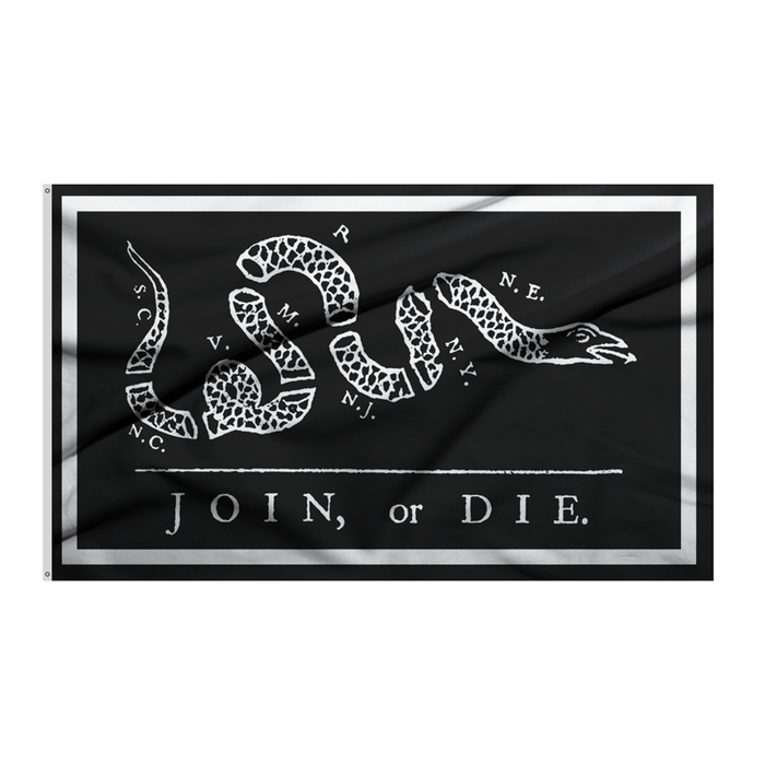 black flag with white border and the text "Join or Die" with the states "SC, NC, V, M, P, NJ, NY, NE"