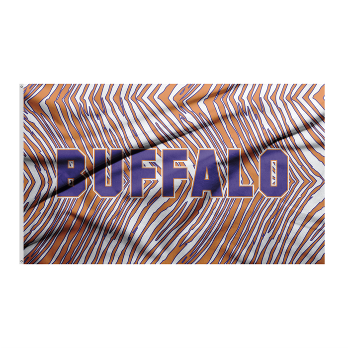 WHITE, ORANGE, AND BLUE ZUBAZ PRINT FLAG WITH THE WORD "BUFFALO" IN THE CENTER