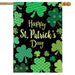 black flag with shamrock patterns and text saying "happy St. patrick's day"