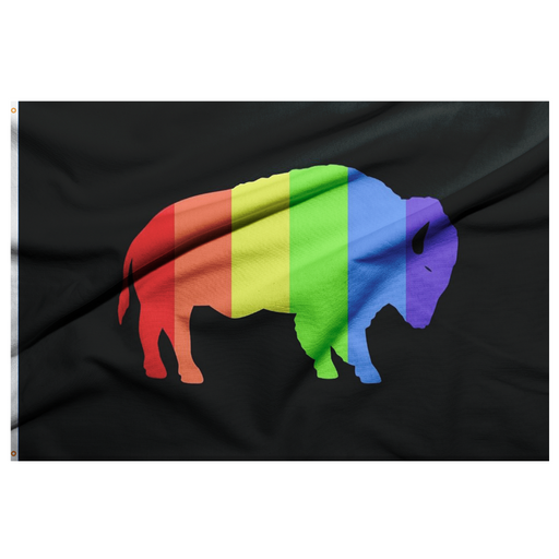 BLACK BACKGROUND FLAG WITH A BUFFALO SILHOUETTE AND VERTICAL RAINBOW STRIPES