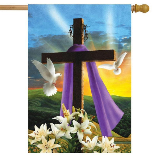 sunset on a flag with a cross and white doves and lilies