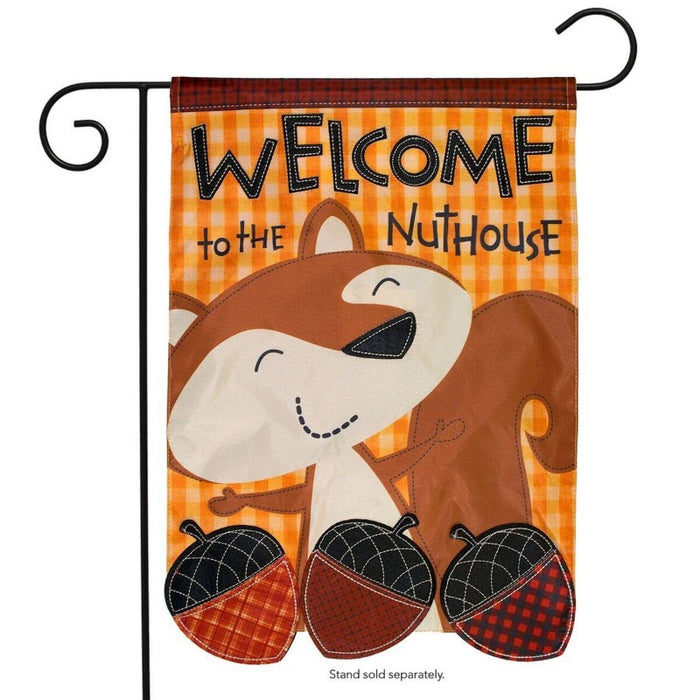 squirrel with acorns autumn plaid flag that says "welcome to the nuthouse"