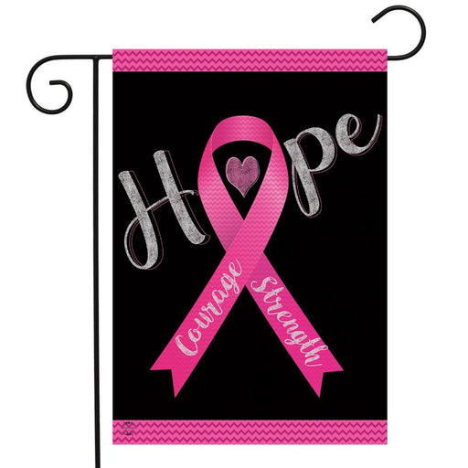 BLACK AND PINK FLAG WITH PINK HOPE RIBBON IN THE CENTER ON GARDEN STAND