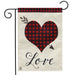 burlap flag with red and black checkered design inside a heart with the word "love"