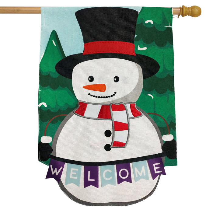 Winter Snowman Welcome Burlap Banner Flag