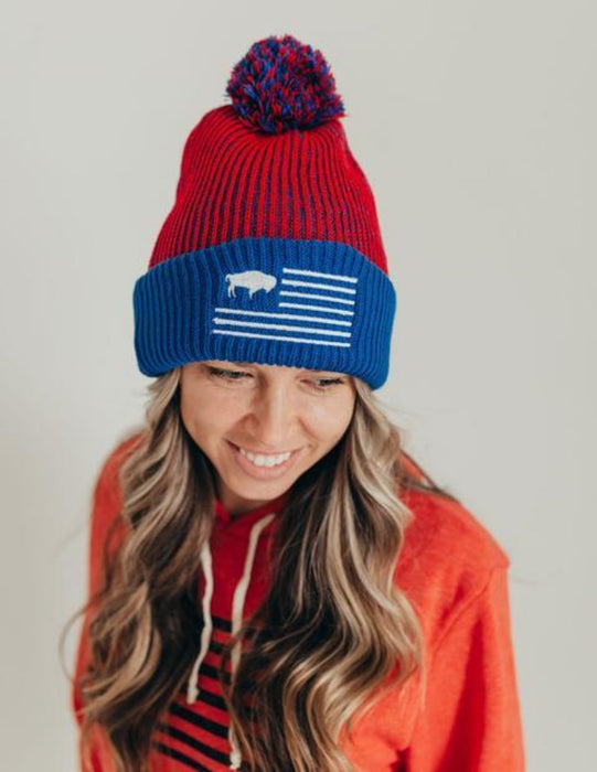 red & blue Buffalo Flag Unisex pom-pom Beanie with white embroidery