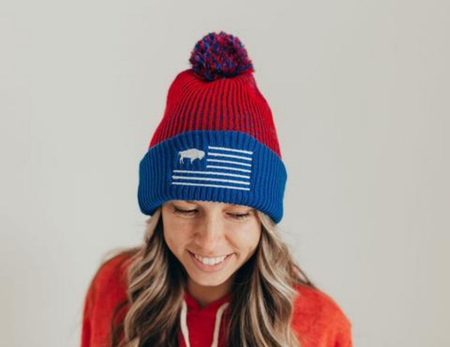 red & blue Buffalo Flag Unisex pom-pom Beanie with white embroidery