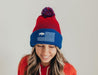 red & blue Buffalo Flag Unisex pom-pom Beanie with white embroidery