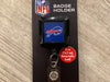 retractable buffalo bills badge holder with blue background and clear badge clasp