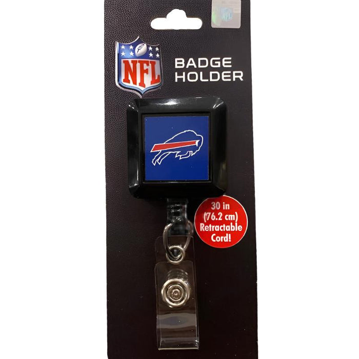 retractable buffalo bills badge holder with blue background and clear badge clasp