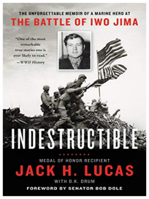 BOOK COVER WITH A PHOTO OF A MAN AND SOLDIERS HOLDING GROUND AT THE BOTTOM