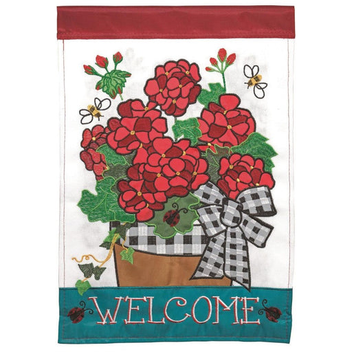 Welcome Red Geraniums Banner Flag