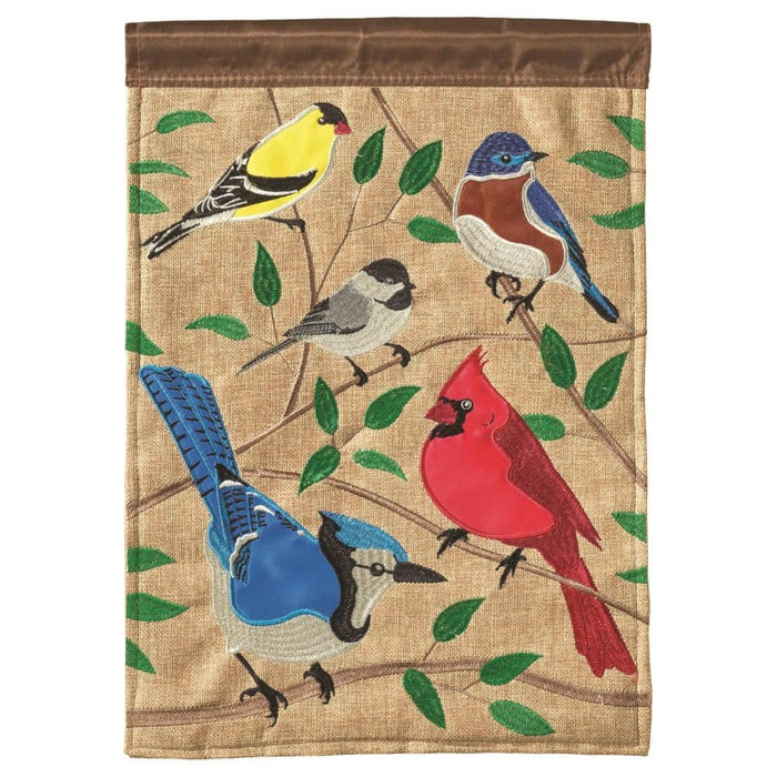 5 Songbirds Burlap Garden Flag - goldfinch, bluebird, chickadee, blue jay, cardinal