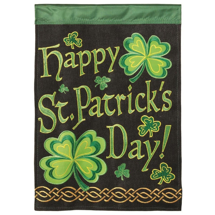 black garden flag with shamrock designs saying "happy st. patrick's day!"