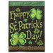 black garden flag with shamrock designs saying "happy st. patrick's day!"