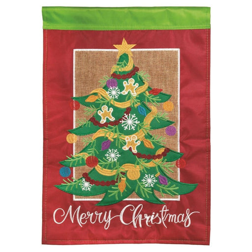 decorated christmas tree flag with text saying "merry christmas"