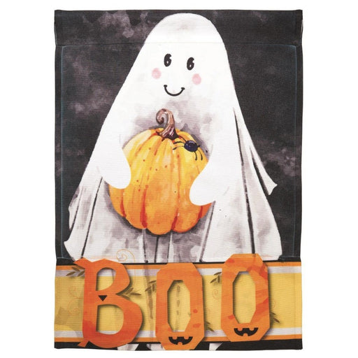 ghost holding a pumpkin flag with "boo" written underneath