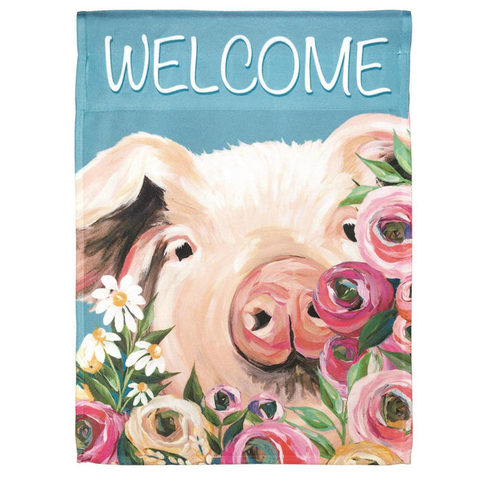 Welcome Pig Floral Garden Flag