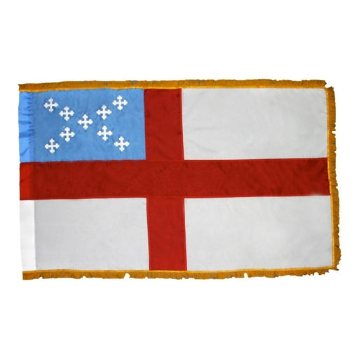 white flag with red cross through the center, top left corner is light blue with crosses in an X shape