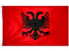 red flag with double black eagle logo in the center