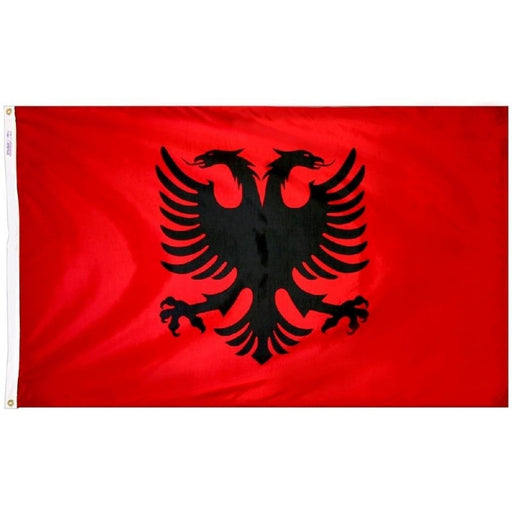 red flag with double black eagle logo in the center