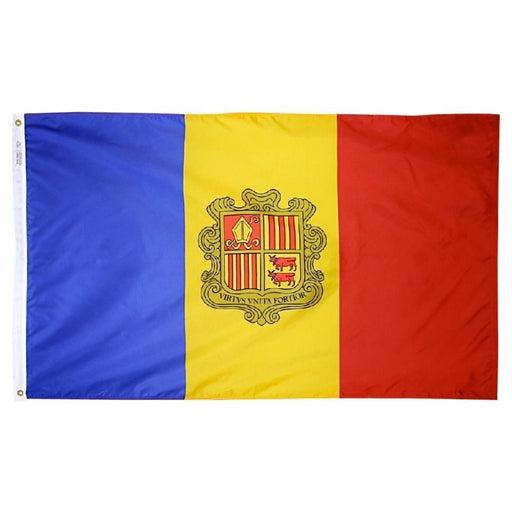 blue, yellow, and red vertically striped flag with crest in the center