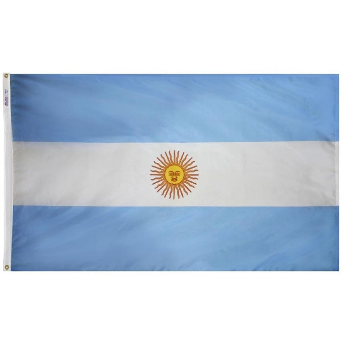 horizontal white and blue stripes on a flag with a yellow sun in the center