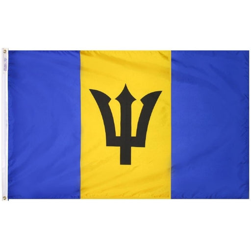blue and yellow vertical striped flag with black trident in the center