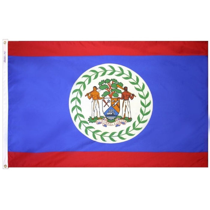 red and blue flag with the country seal in the center