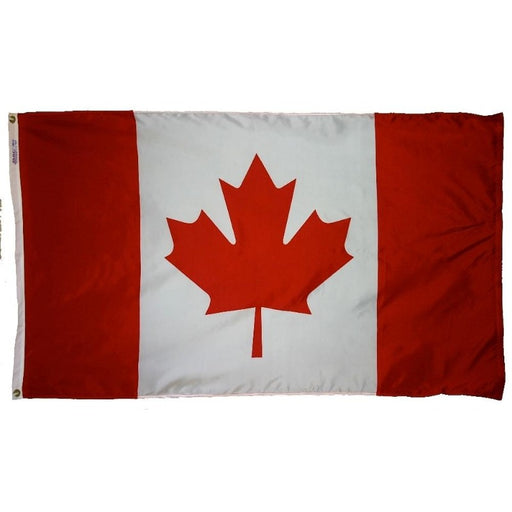 red and white vertically striped flag with red maple leaf in the center