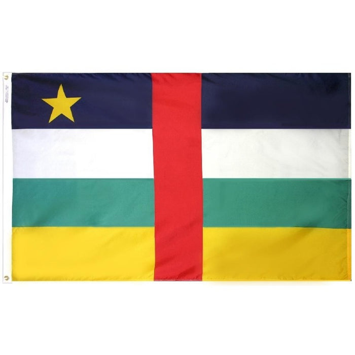 black white green and yellow striped flag with star and red vertical stripe