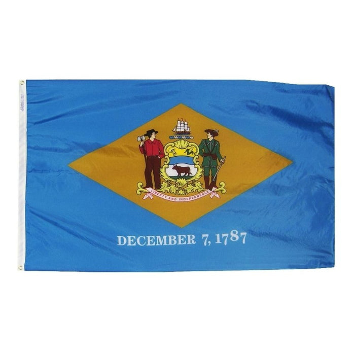 blue flag with a crest and two men with the date "December 7,1787"