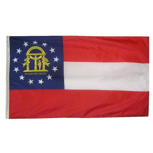 flag with red and white stripes, blue canton, and the state seal with stars