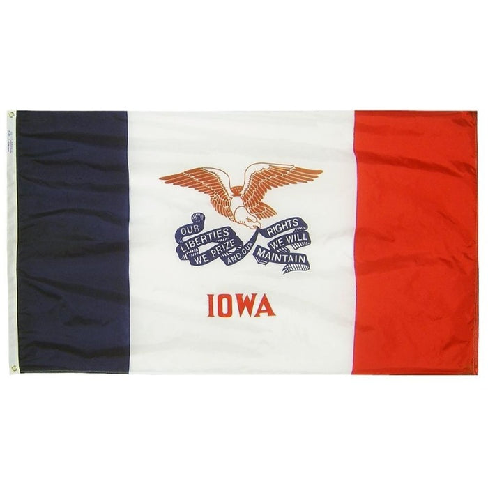 blue, white, and red striped flag with an eagle in the center and the word "Iowa"