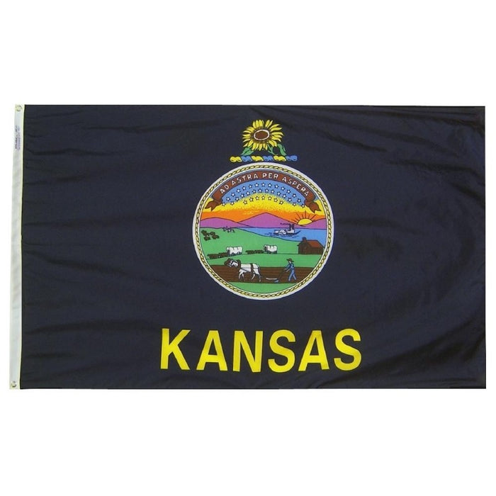 blue flag with the word "kansas" and the state seal and sunflower on top