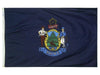 blue flag with emblem and 2 men standing on either side of it