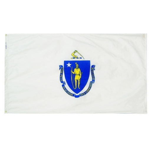 white flag with a blue and gold coat of arms in the center