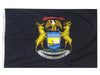 blue flag with the state crest in the center and latin words