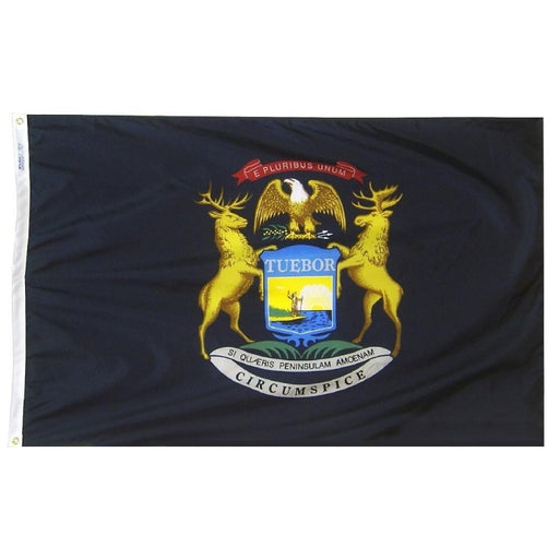 blue flag with the state crest in the center and latin words