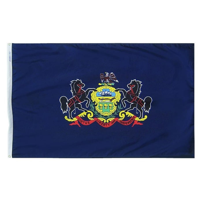 blue flag with the state seal and the horses in the center