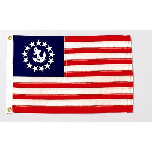 US FLAG STYLE FLAG WITH A WHITE CIRCLE OF STARS WITH AN ANCHOR IN THE CENTER IN THE STAR FIELD AREA